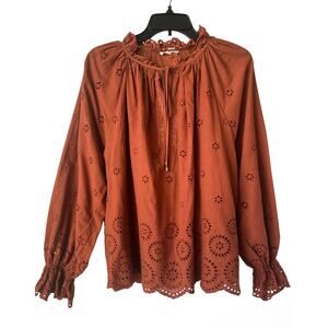 ENTRO Orange Eyelet Scallop Trim Ruffled Boho Peasant Blouse Top Women’s Large